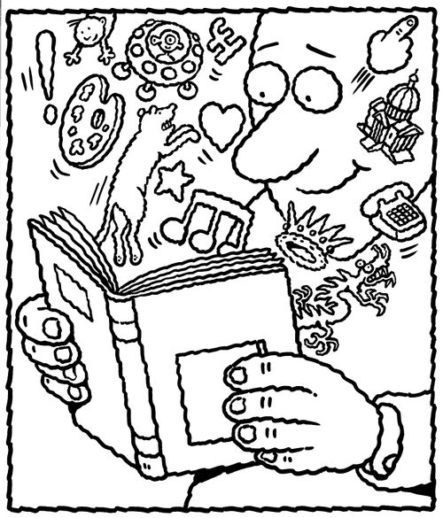 Characters jumping out of a book.