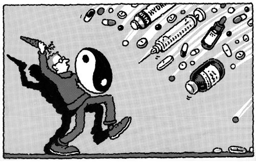 Hippy fighting off medicine.