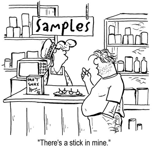 Food samples in supermarket - 'There's a stick in mine.'