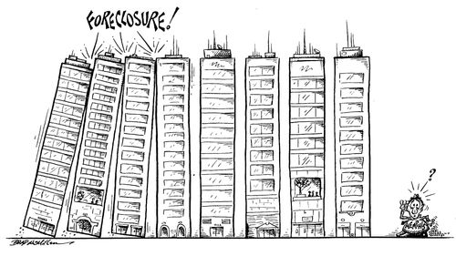 Tall building falling like dominoes