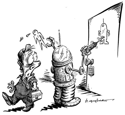 Workman walking away from toilet door seeing a robot replace the little man sign with a robot sign