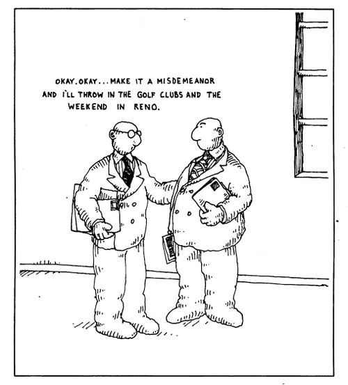 "Okay...make it a misdemeanor and I'll throw in the golf clubs and the weekend in Reno."