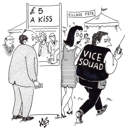 Girl selling kisses at village fete is arrested by a vice squad officer.