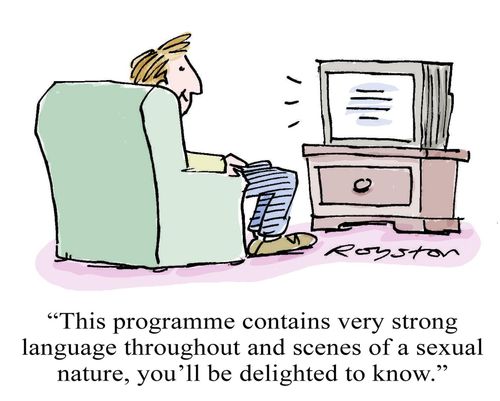 Man watching TV. Warning says: 'This programme contains very strong language throughout and scenes of a sexual nature, you'll be delighted to know.'