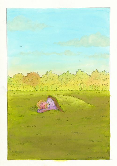 Man sleeping under a grass blanket.