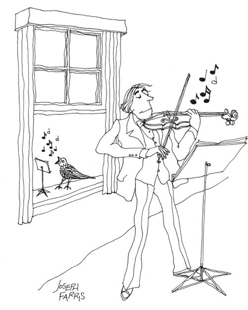 Man playing violin as bird sings along.