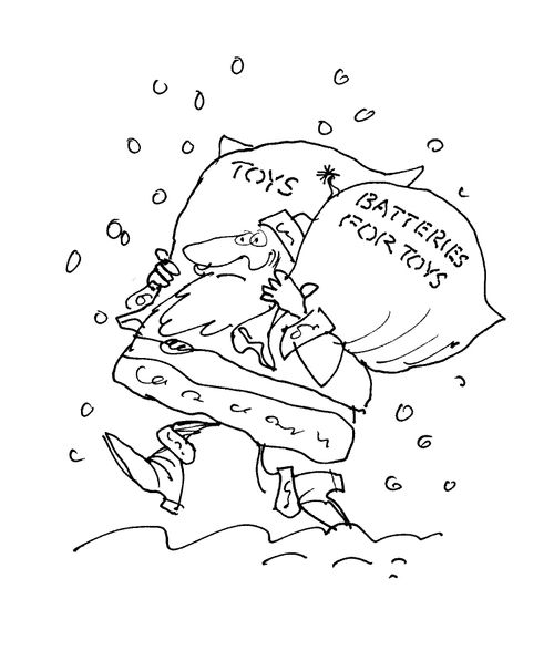 Santa with a bag of toys and a bag of batteries for toys.