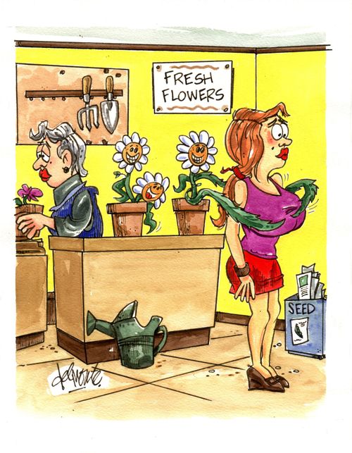 Woman at a flower shop with a sign in background 'Fresh Flowers' as a daisy grabs a woman's big breasts.