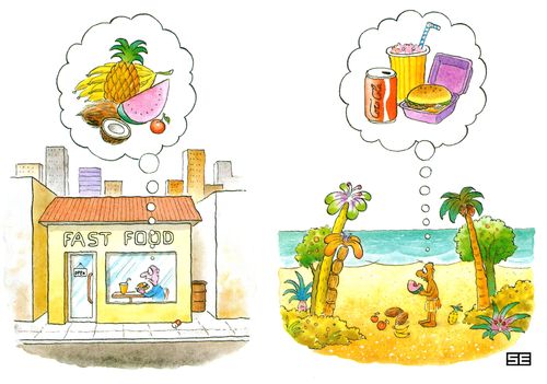 Fast food eater dreams of fruit...fruit eater dreams of junk food.