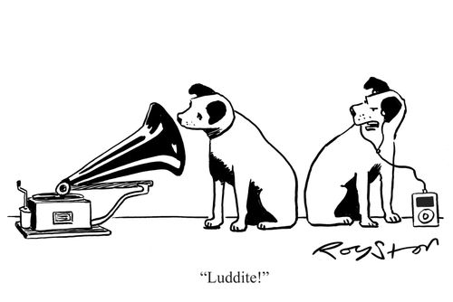 Dog using MP3 player scowls at dog that's still listening to gramophone player, saying: 'Luddite!'