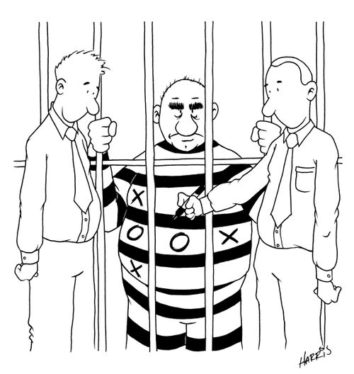 Playing tic-tac-toe on prisoner's outfit.