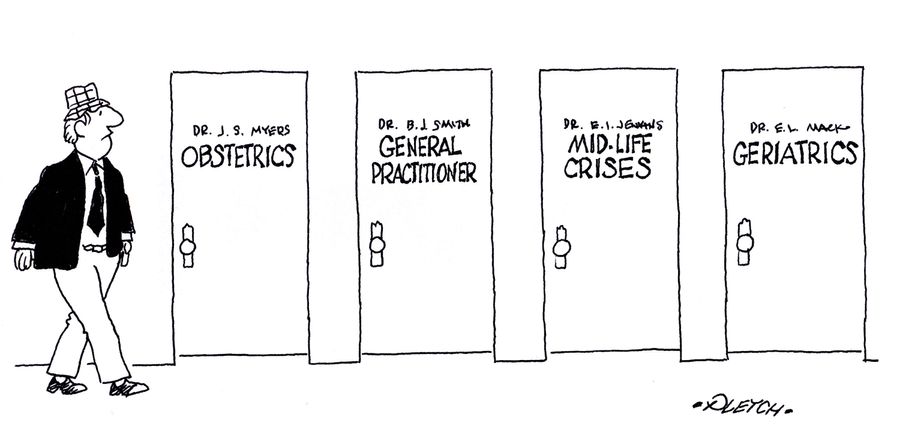 Man walking past the offices of the medical practitioners needed throughout the course of life.