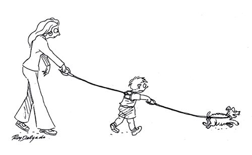 Mother Holds Toddler on Lead and Toddler Holds Puppy on Leash.