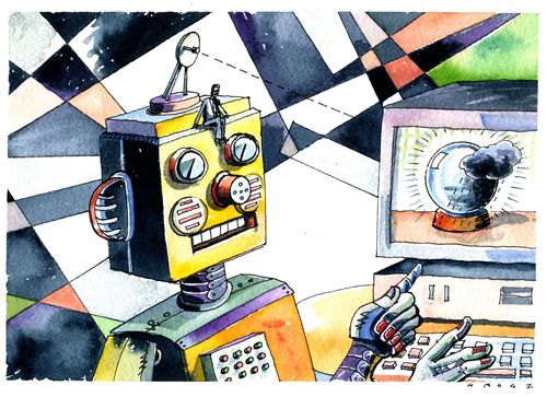 Robot looking at weather on a crystal ball on a computer screen.
