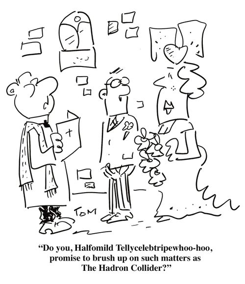 "Do you, Halfomild Tellycelebrtipewhoo-hoo, promise to brush up on matters such as the Hadron Collider?"