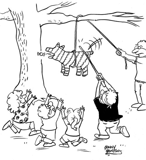 Pinata hit in back coughs up candy.