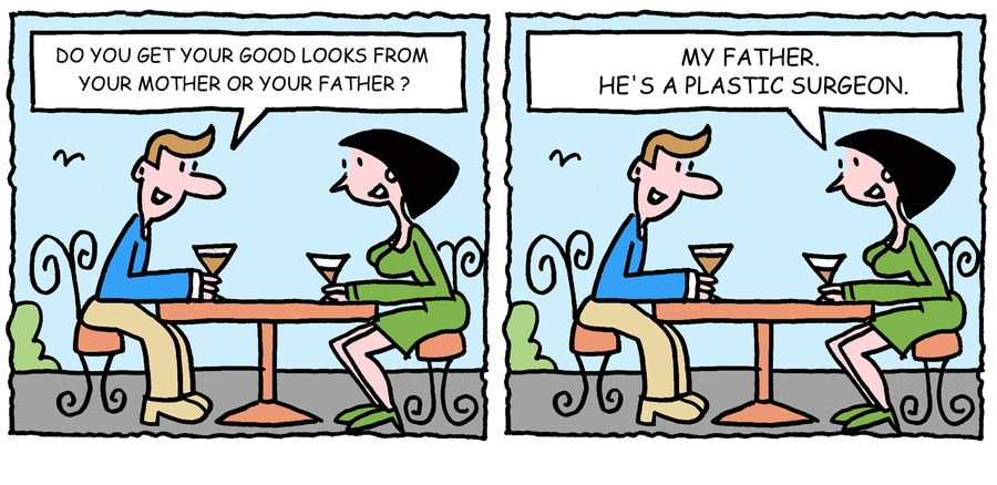 'Do you get your good looks from your mother or your father?'