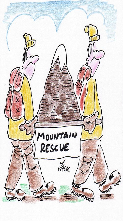 Mountain rescue: two men carry a mountain on a stretcher.