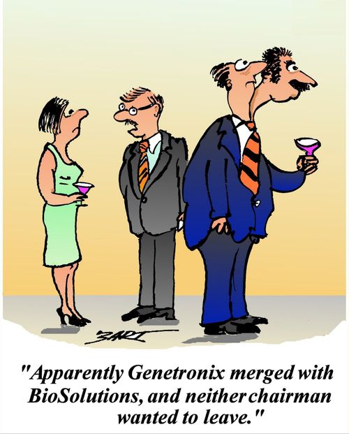 'Apparently Genwetronix merged with BioSolutions, and neither chairman wanted to leave.'