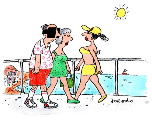 Husband wearing blinkers on holiday.
