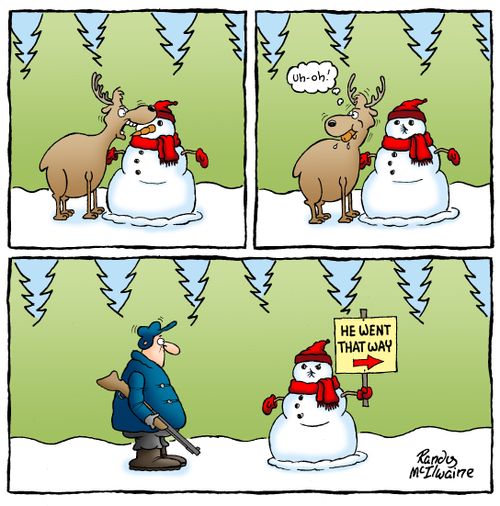 Snowman points the way for a hunter after a deer eats his nose.