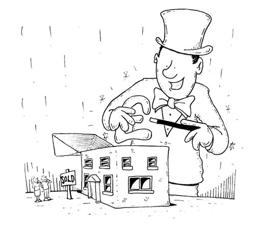 Magician with a pound sign above a 'SOLD' house