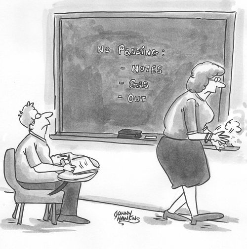 Teacher writes on chalk board: 'No Passing: Notes, Gas, Out'