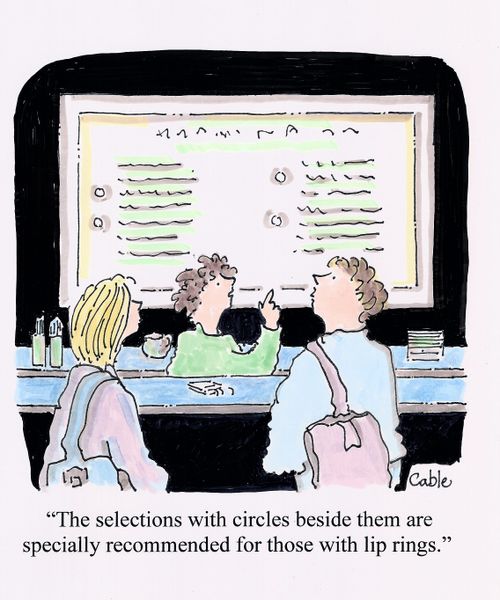 'The selections with circles beside them are specially recommended for those with lip rings.'