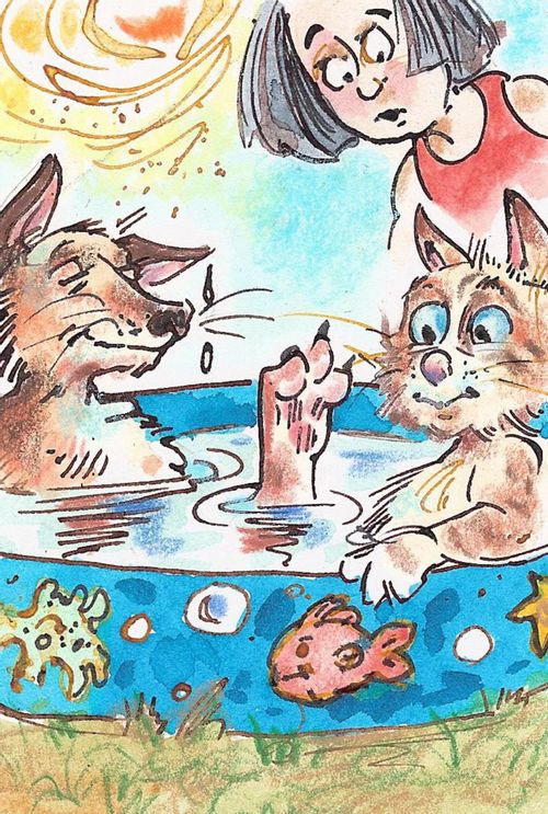 Dog and cat in paddling pool.