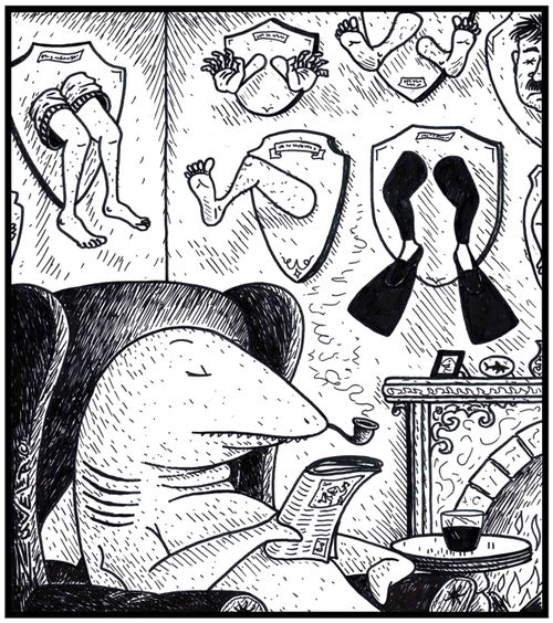 A shark enjoying his newspaper in front of his trophies of swimmer's arms and legs.