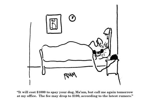 'It will cost $1000 to spay your dog, Ma'am, but call me again tomorrow at my office....