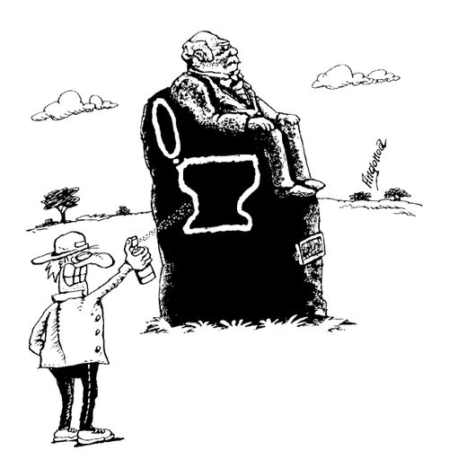 Boy spraying a graffiti toilet on a seated statue