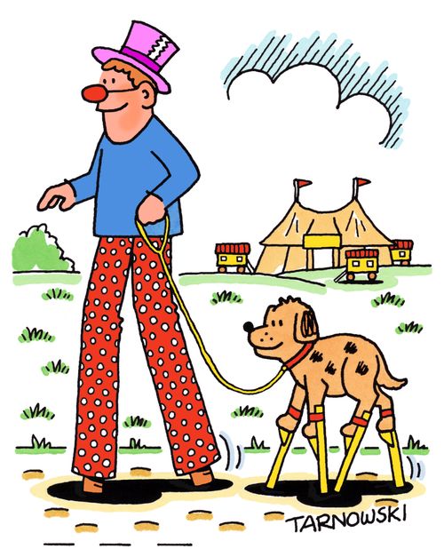 Clown and dog both on stilts.