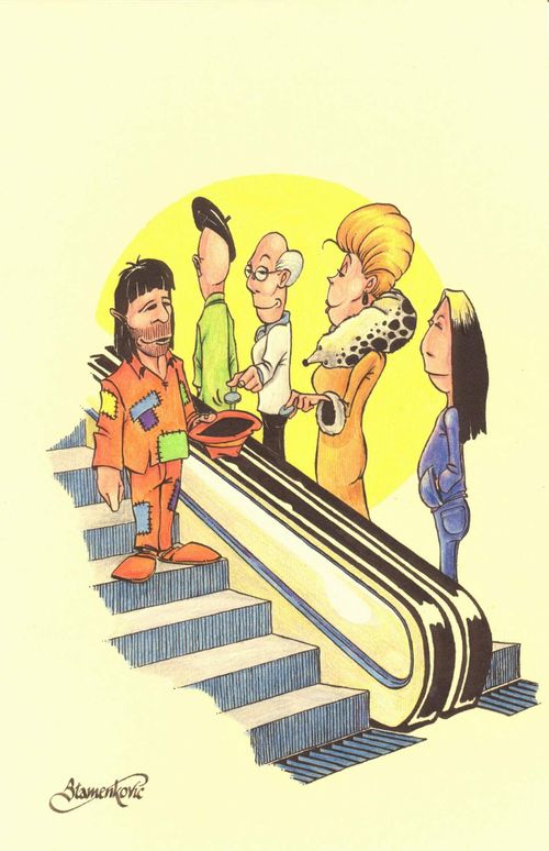 Beggar on escalator.