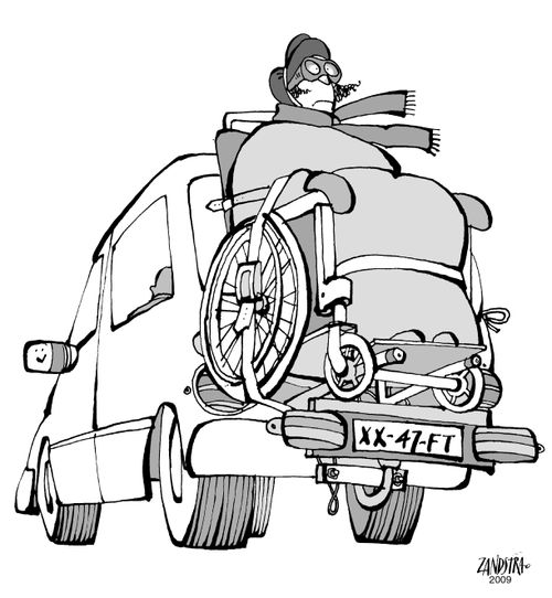 Grandmother in a wheelchair strapped to the back of a car.