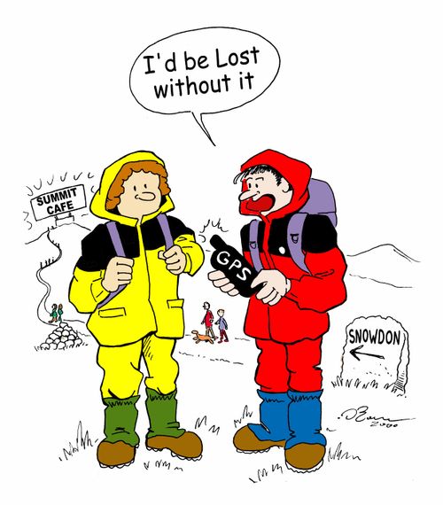 Man on Snowdon with GPS system - "I'd be lost without it."