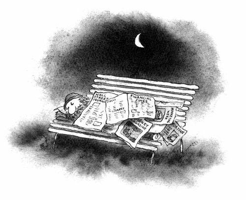 Tramp asleep on bench under newspapers, "Financial Times, Wall Street Journal etc."