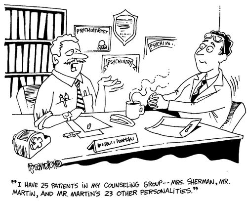 "I have 25 patients in my counselling group...Mrs Sherman, Mr Martin, and Mr Martins 23 other personalities."