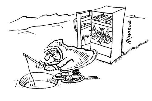 Eskimo putting food in a refrigerator