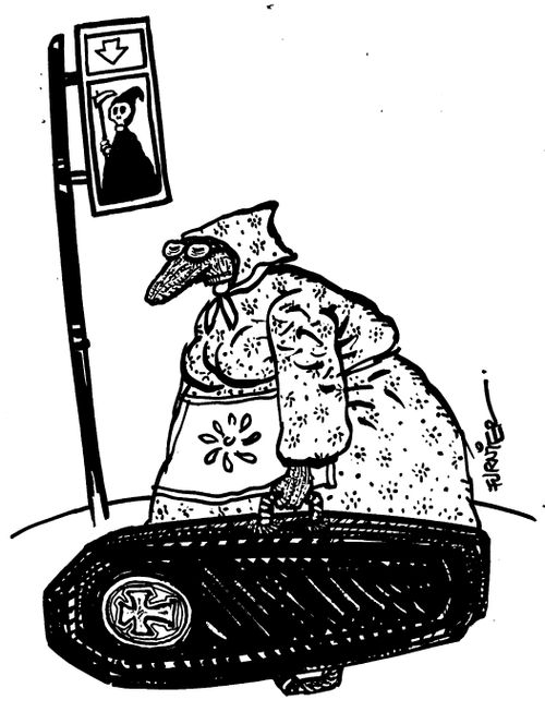Woman waiting at "Death Stop" with coffin luggage.