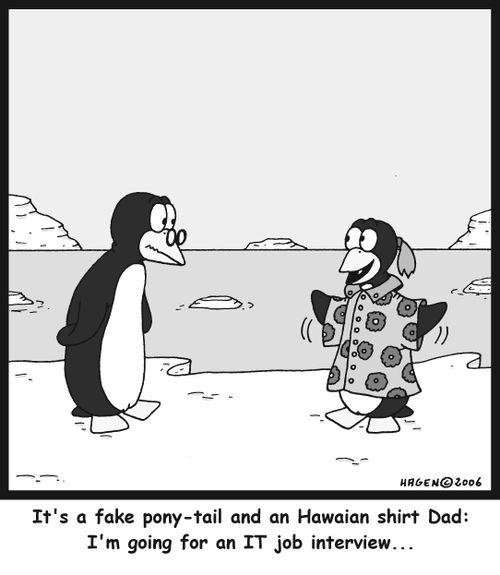 'It's a fake pony-tail and an hawaiian shirt Dad: I'm going for an IT job interview...'