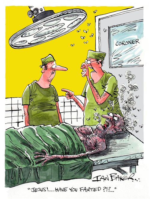 In the coroner's office: 'Jesus!...Have you farted?!'