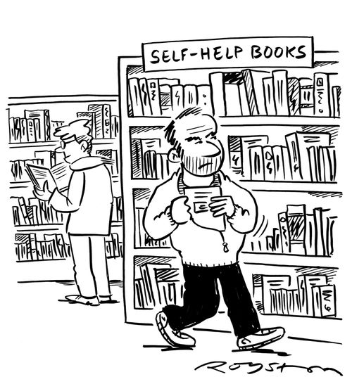 Shoplifter helps himself to a book from the self-help books section.