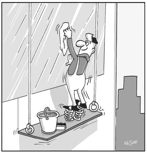Window washer with springs on his feet.
