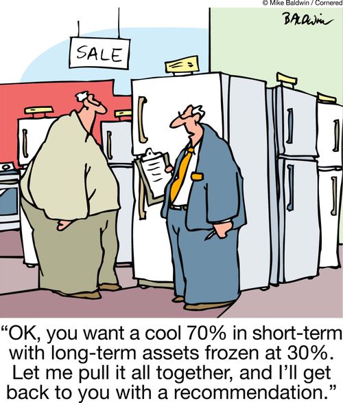 "OK, you want a cool 70% in short-term with long-term assets frozen at 30%. Let me pull it all together, and I'll get back to you with a recommendation."