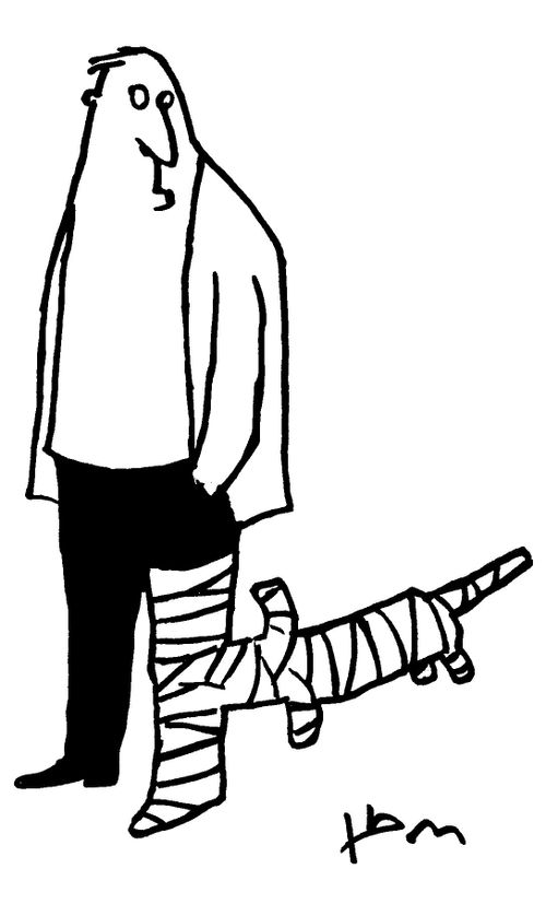 Man with broken leg in cast.
