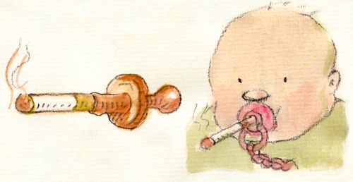 A baby sucking on a pacifier which is also a cigarette holder