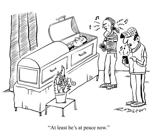 Mourners with loud phone and MP3 player. One says: 'At least he's at peace now.'