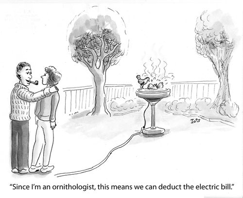 'Since I'm an ornithologist, this means we can deduct the electric bill.'