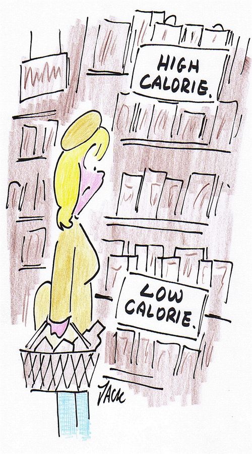 Women in grocery store contemplates high and low calories.